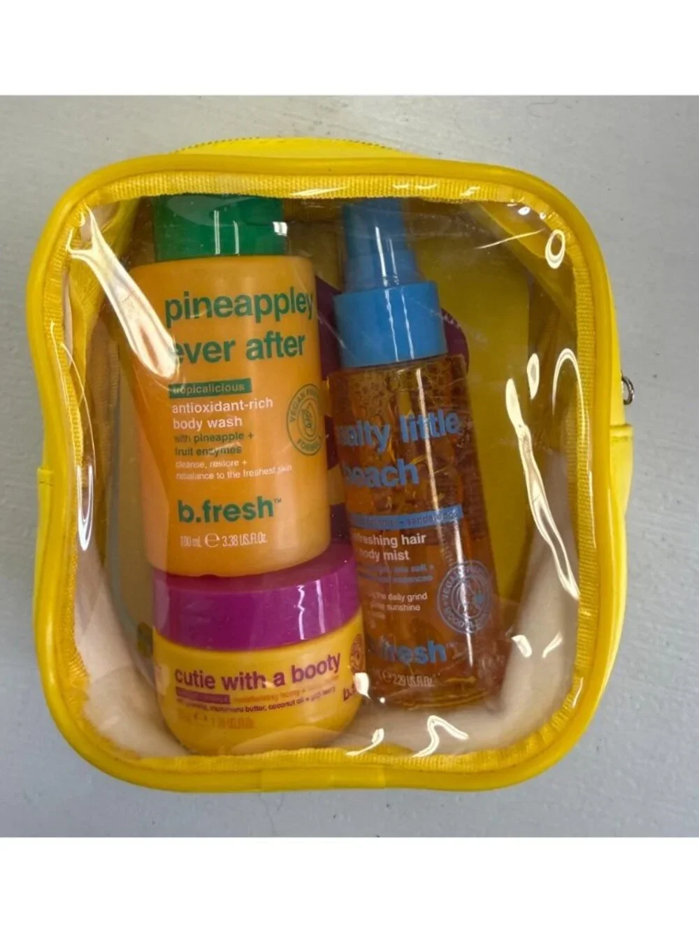 NIB b.fresh tropalicious travel trio mini body care kit in yellow zip case new